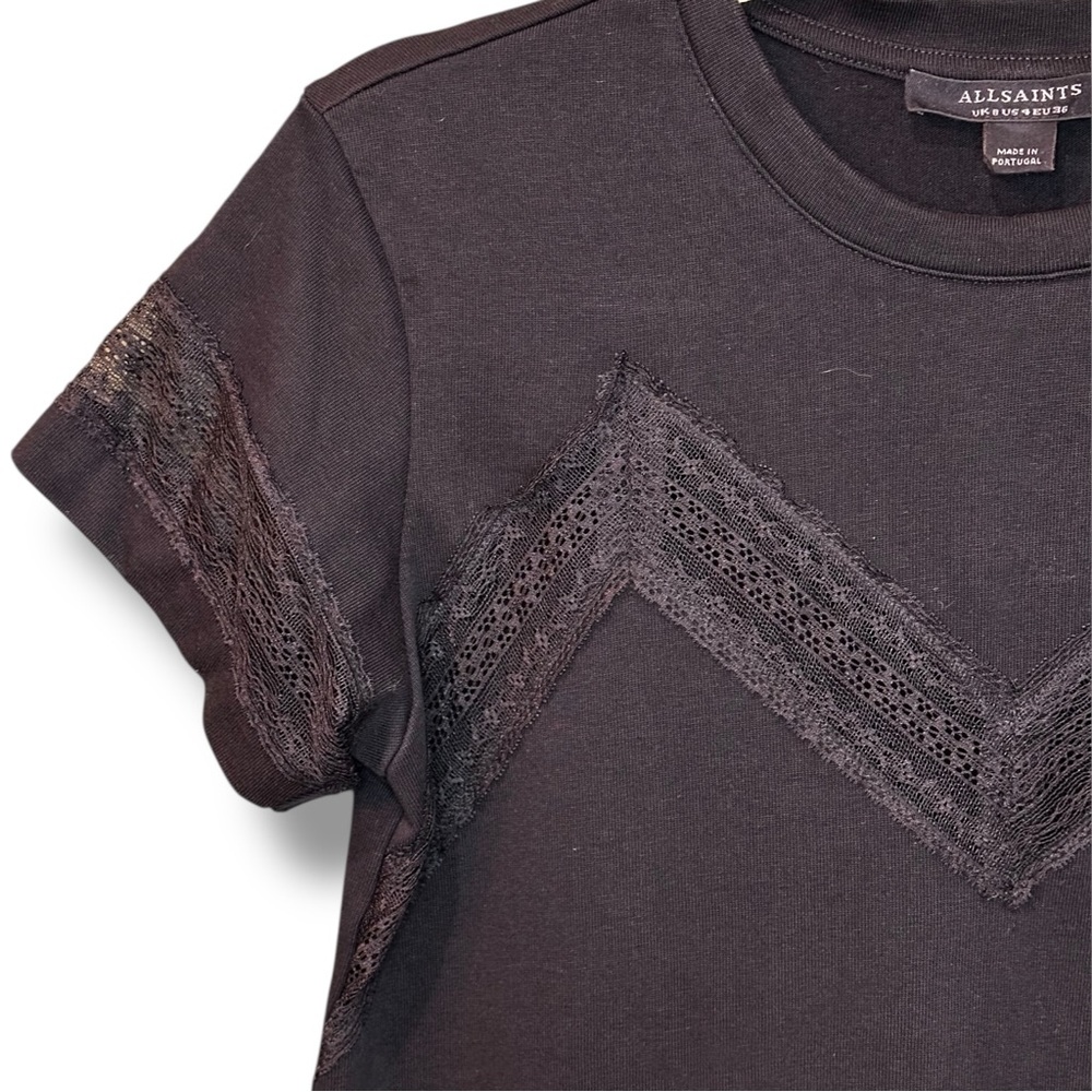 All Saints- Black 100% Cotton Lina Lace T-Shirt - Size US4, UK8, EU36 - Picture 5 of 9